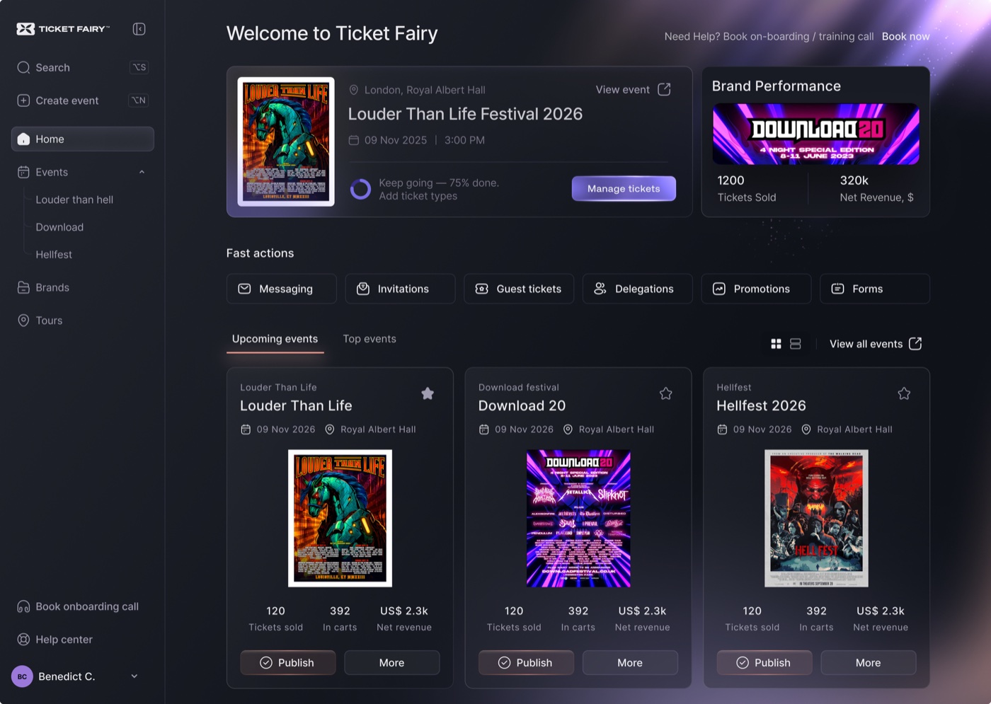 Festival ticketing platform dashboard